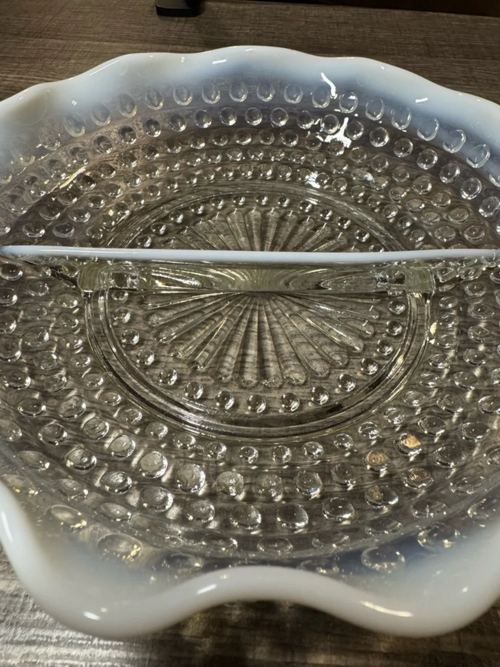 Vintage Anchor Hocking Hobnail Milk Glass Divided Relish Dish